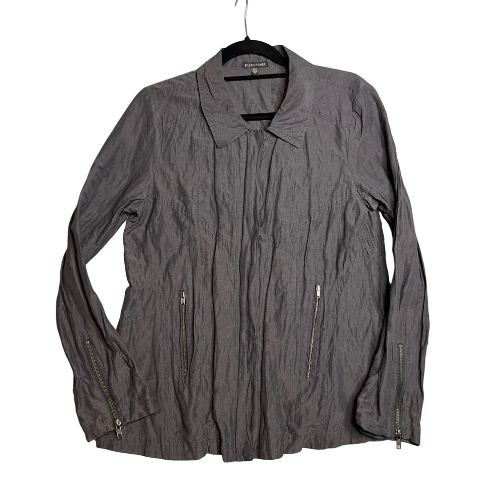 Eileen Fisher Gray Metallic Jacket Size S Organic Cotton Blend Zipper‎ Detail